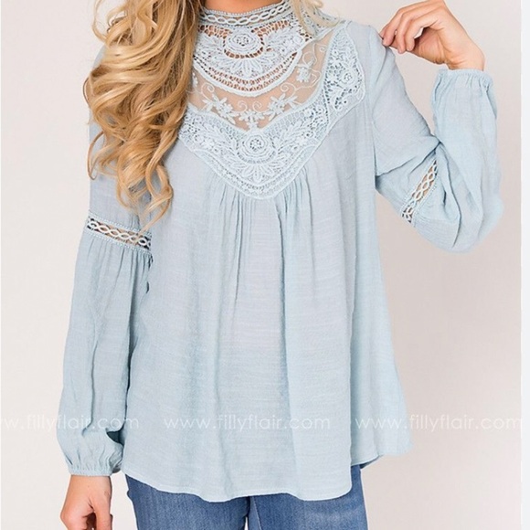 She + Sky Tops - - Women's Light Blue Lace Detail Top